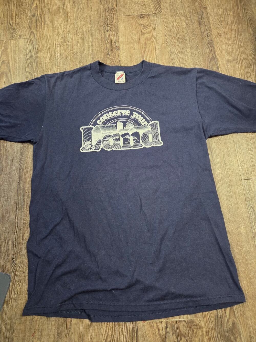 JERZEES Single Stitch CONSERVE YOUR LAND Short Sleeve Navy Tshirt Vintage L